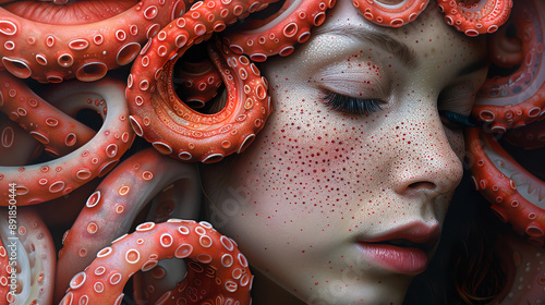 Artistic portrait of a freckled woman with red octopus tentacles covering her head