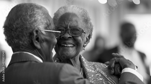 An elderly couple dancing joyfully at a social event, capturing a moment of happiness, love, and the beauty of aging.