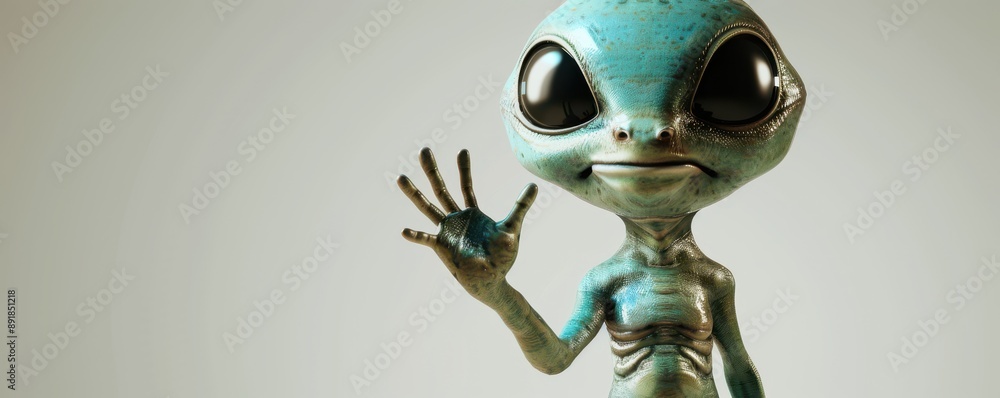 A green alien with a big smile on its face is waving. Free copy space for banner. A green alien with a big smile on its face is waving. Free copy space for banner.