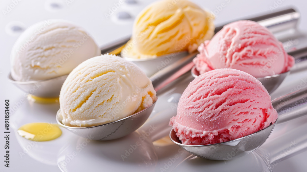 Assorted ice cream scoops on a stainless steel scoop, with a cutout file in the background. Template for artwork design. Assorted ice cream scoops on a stainless steel scoop, with a cutout file in the background. Template for artwork design.