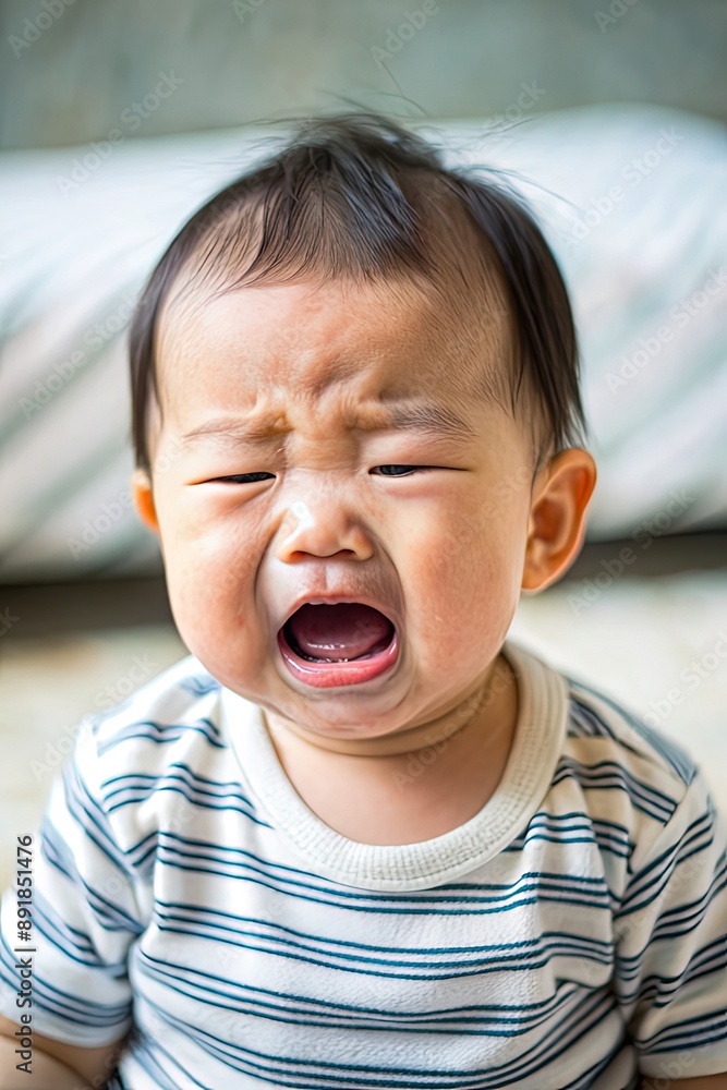 A newborn baby cries on a white sheet. Childish tantrums. Colic and abdominal pain in infants. Medicines and vitamins for babies. Top view A newborn baby cries on a white sheet. Childish tantrums. Colic and abdominal pain in infants. Medicines and vitamins for babies. Top view