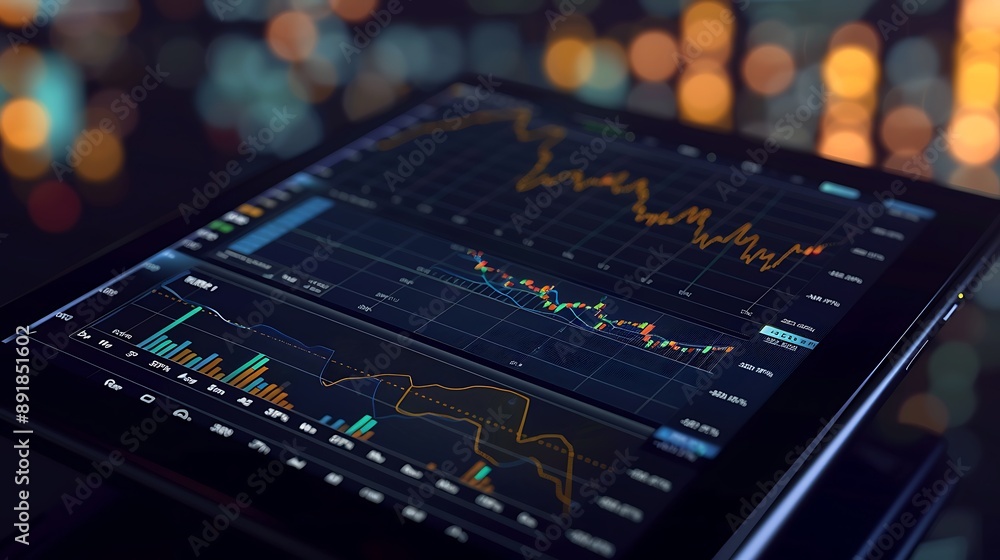Financial trading chart on tablet screen, dark background, futuristic technology, 3D business analytics, Financial trading chart on tablet screen, dark background, futuristic technology, 3D business analytics,