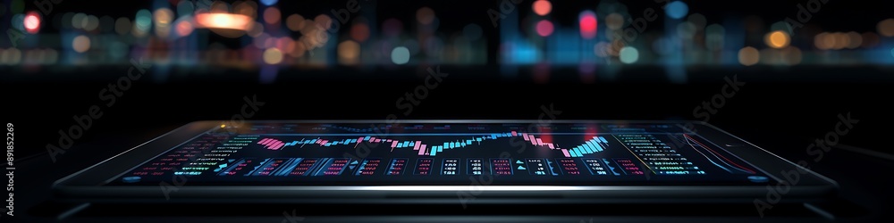 Financial trading chart and graph on tablet, dark background, futuristic technology concept, 3D illustration, Financial trading chart and graph on tablet, dark background, futuristic technology concept, 3D illustration,