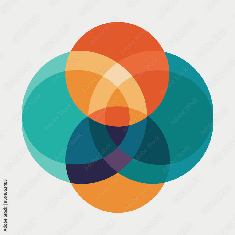 Abstract art: geometric circles of orange, turquoise and purple on a white canvas in a minimalist style
Abstract art: geometric circles of orange, turquoise and purple on a white canvas in a minimalist style