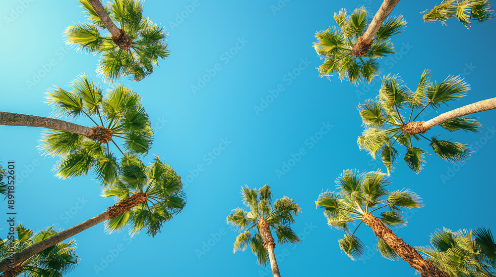 A clear blue sky with several tall palm trees reaching upwards. The palm trees have lush green fronds, and they appear to be located in a tropical or subtropical region A clear blue sky with several tall palm trees reaching upwards. The palm trees have lush green fronds, and they appear to be located in a tropical or subtropical region