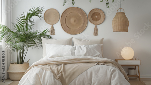 A serene bedroom setting. Dominating the center is a neatly made bed with white linens and a beige throw blanket