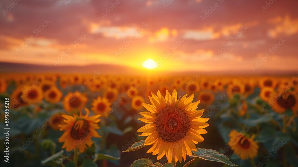 Obraz premium A breathtaking sunset over a vast field of sunflowers. The sun, positioned near the horizon, casts a golden hue over the scene, illuminating the sunflowers' vibrant yellow petals and dark brown center