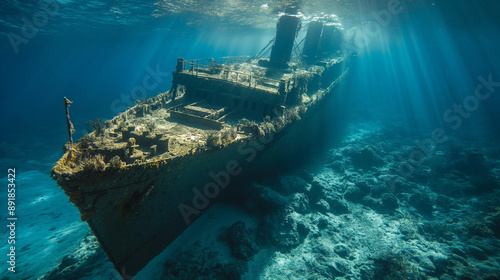 A large shipwreck submerged in deep blue waters. The ship, which appears to be an old steamship, is partially covered in rust and marine growth