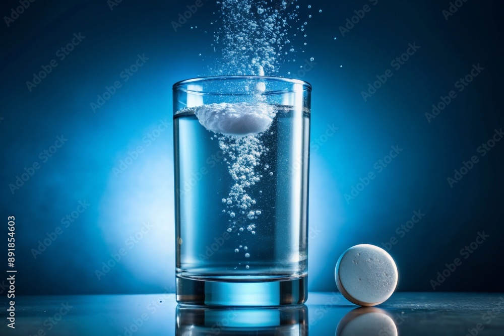 Effervescent pill dissolving in glass of water