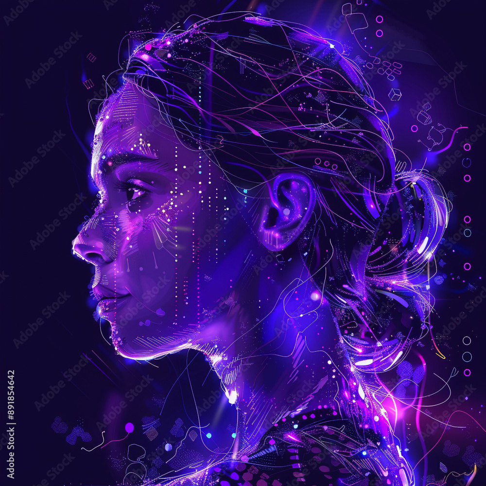 artificial intelligence AI transformation woman purple software program side profile face coding string numbers hair adult artificial intelligence AI transformation woman purple software program side profile face coding string numbers hair adult