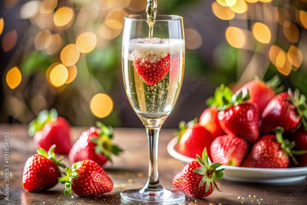 Crystal glass filled with champagne and single strawberry Crystal glass filled with champagne and single strawberry