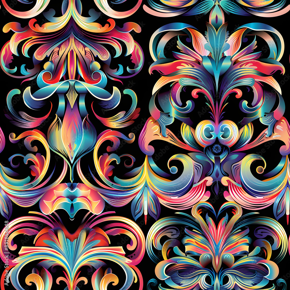 Obraz premium Colorful baroque pattern forming abstract floral shapes on black background