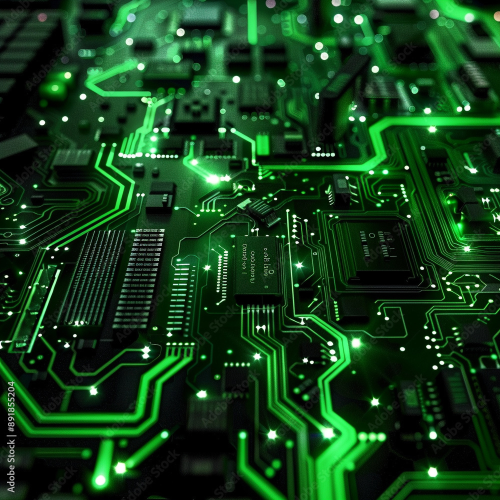 Fototapeta premium green themed chip cybersecurity motherboard nano circuits processors buttons neon lights 