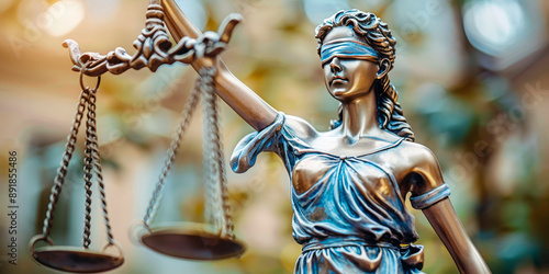 Close-up of the golden Statue of Lady Justice against a blurred background. Concept for law, justice, and equality. Ideal for legal services, judicial promotions, and justice-related content photo