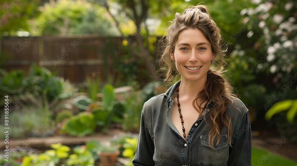 Landscape architect in casual clothes smiling confidently at the camera against the backdrop of a garden design project demonstrating her passion for environmental and green design Landscape architect in casual clothes smiling confidently at the camera against the backdrop of a garden design project demonstrating her passion for environmental and green design