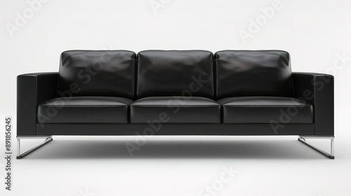A black leather sofa with chrome legs sits on a white background.