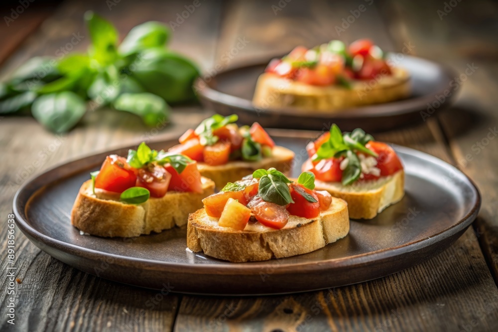 Plate with tomatoes bruschetta and basil Plate with tomatoes bruschetta and basil