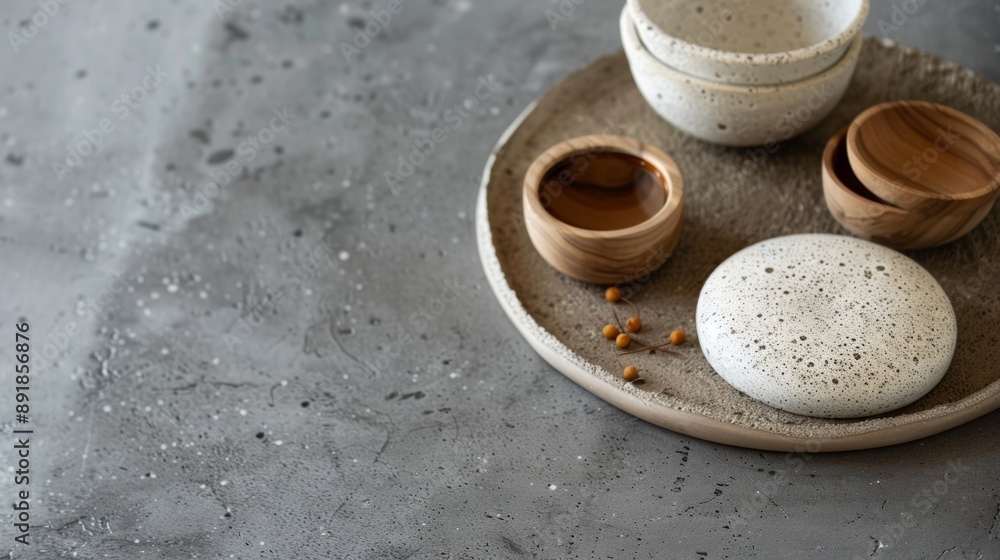 Minimalist stoneware bowls and pebbles on concrete surface Minimalist stoneware bowls and pebbles on concrete surface