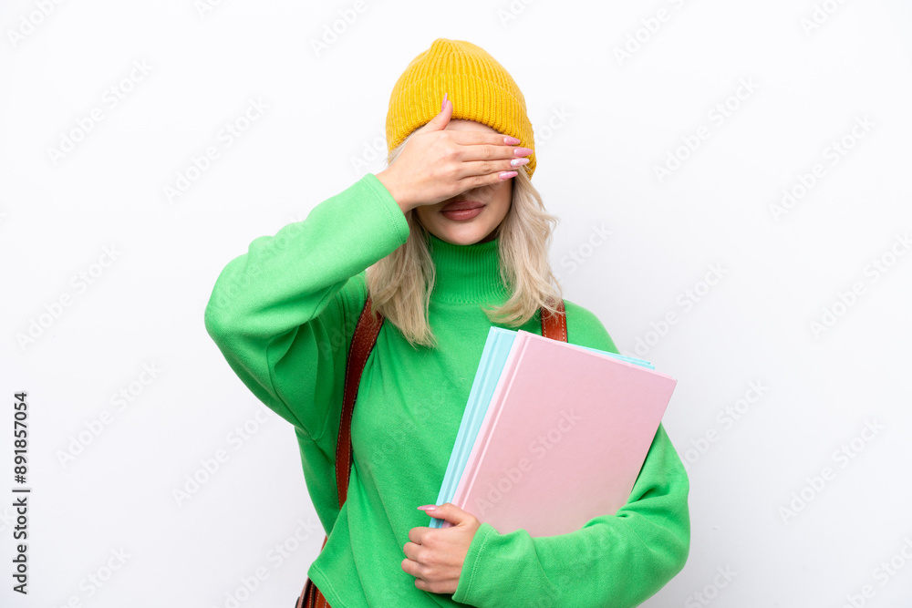 Young Russian student woman isolated on white background covering eyes by hands. Do not want to see something
