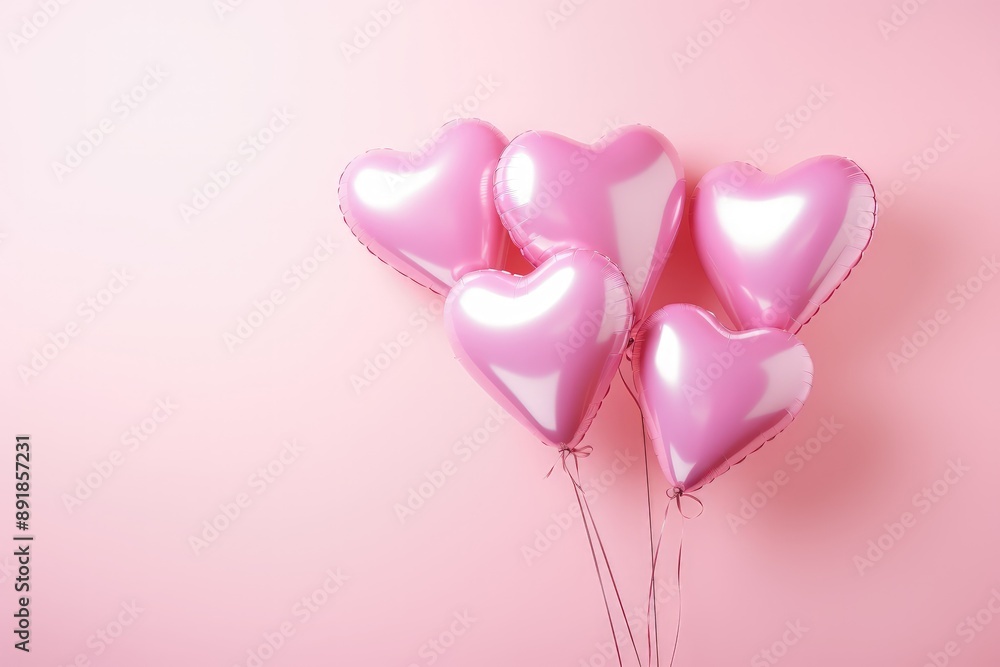 Pink foil heart shaped balloons against pink wall Pink foil heart shaped balloons against pink wall