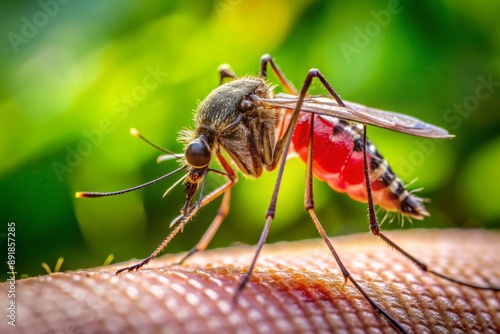 Small nasty insect mosquito bites human, close up photo