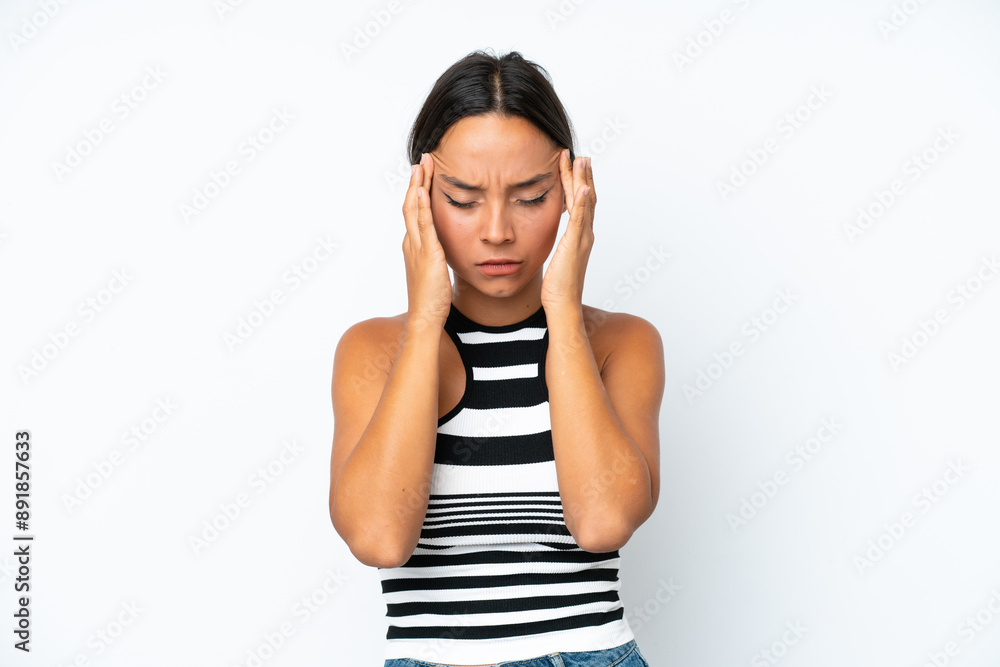 Young hispanic woman isolated on white background with headache Young hispanic woman isolated on white background with headache