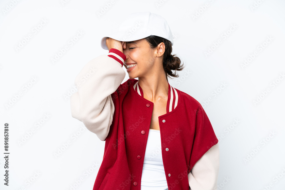 Young hispanic woman wearing a baseball uniform isolated on white background has realized something and intending the solution Young hispanic woman wearing a baseball uniform isolated on white background has realized something and intending the solution
