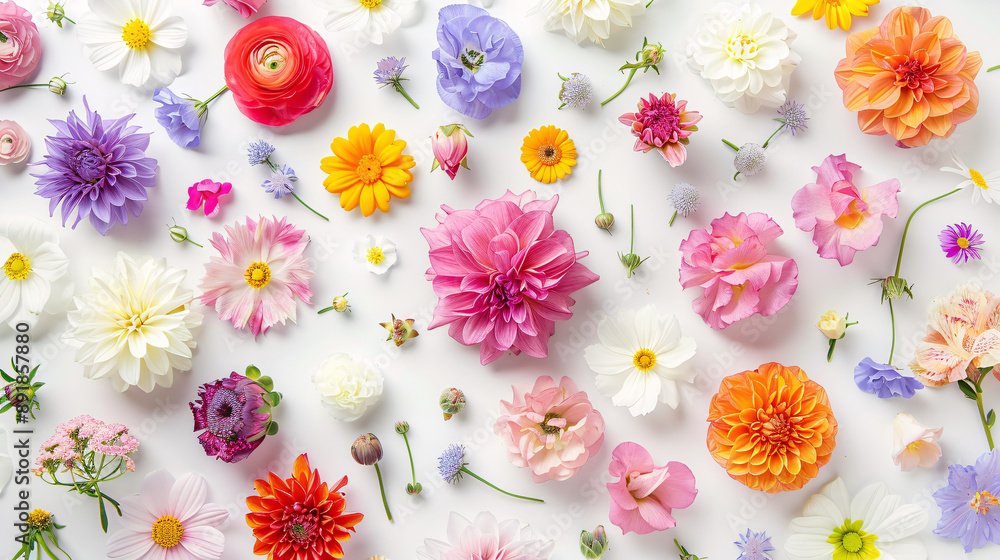 Fototapeta premium Flower composition with a pattern made of various colorful flowers on a white background. Flat lay, top view.