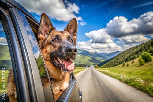 German shepherd dog enjoying open car window breeze