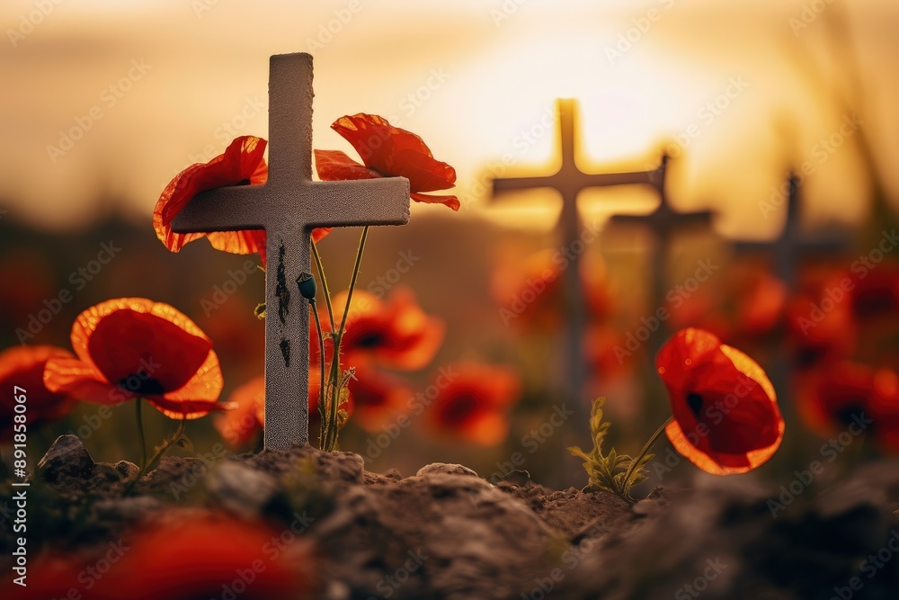 Soldiers graves marked with crosses and poppy flowers