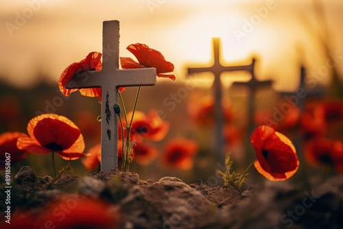 Obraz na płótnie Soldiers graves marked with crosses and poppy flowers w salonie
