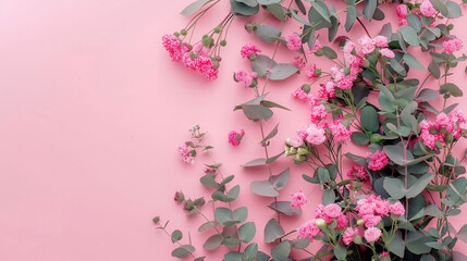 Flower composition with pink flowers and eucalyptus branches on a pink background. Valentine's Day, Mother's Day, and Women's Day concept. Flat lay, top view.