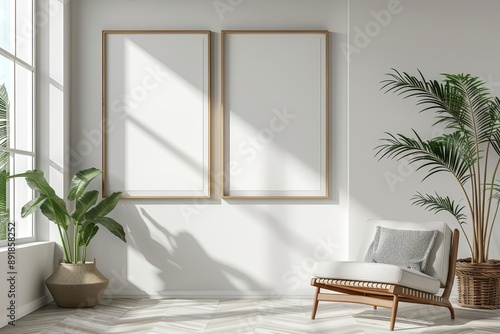 Blank picture frame mockup on white wall. White living room design. View of modern scandinavian style interior with chair. Horizontal template for artwork, painting, photo or, Generative AI