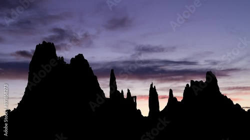 Garden Of The Gods, Colorado Springs, Time Lapse at Twilight with Colourful Sky and Dark Silhouette of Rock formation , USA