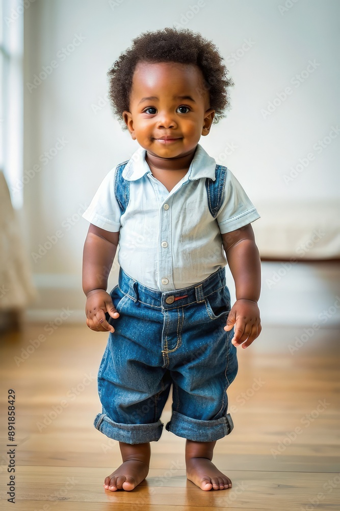 Child learns to walk. Cute smiling little curly baby boy stands on a gray background in the studio and looks at the camera. Concept of new children's skills Child learns to walk. Cute smiling little curly baby boy stands on a gray background in the studio and looks at the camera. Concept of new children's skills