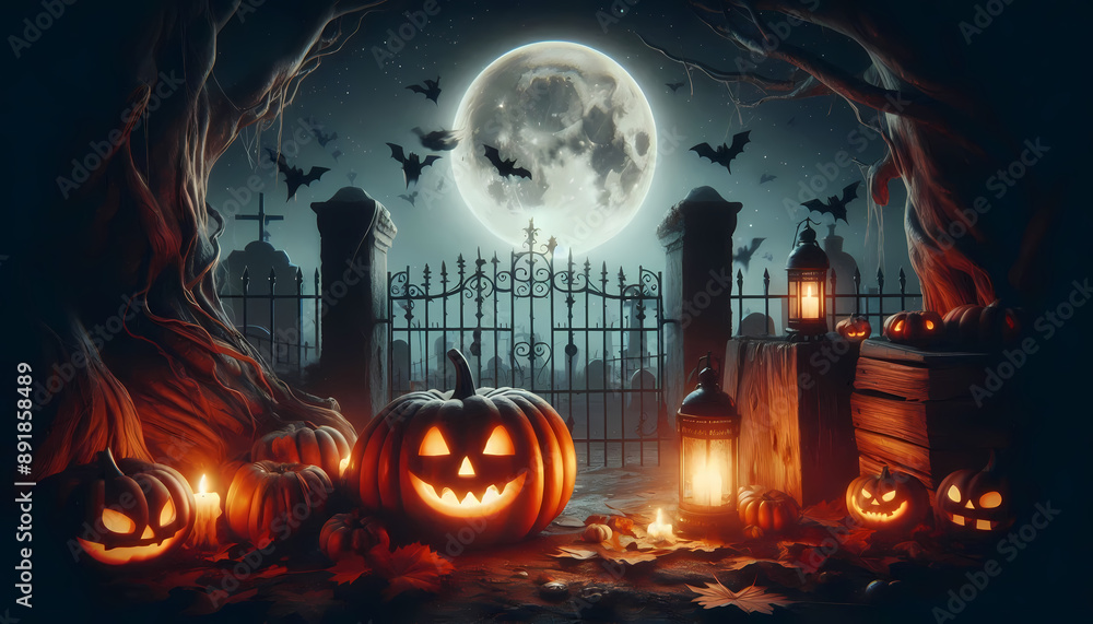 Fototapeta premium Halloween creepy pumpkins and graveyard theme illustration