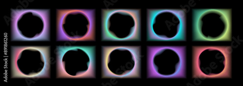 Collection of transparent rectangular gradient frames with wavy oval inner borders. Set of Retro frames with zigzag edges with blurring . Vector illustration on black background