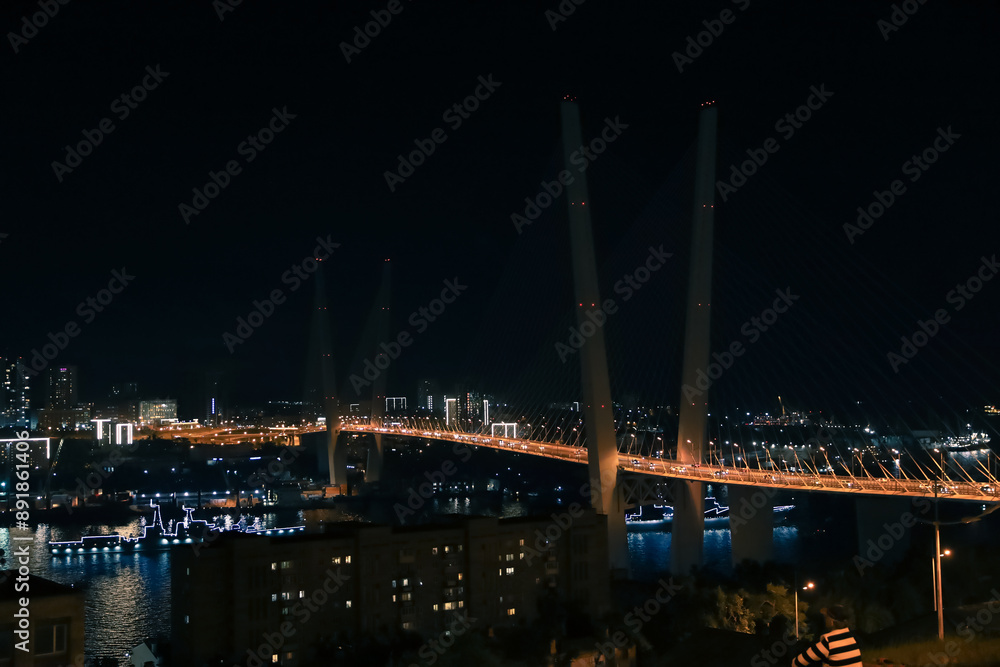 Vladivostok Golden Bridge over bay with skyline night view with city lights Vladivostok Golden Bridge over bay with skyline night view with city lights