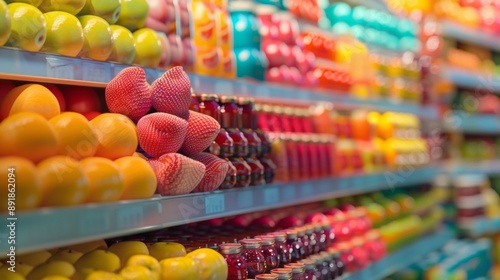 Colorful supermarket shelves with fruits and juices