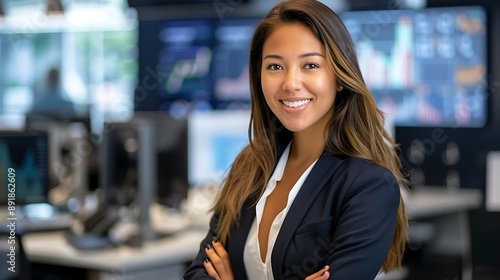 Professional female political analyst smiling in a newsroom filled with data and charts showcasing her analytical skills and confidence in a business setting