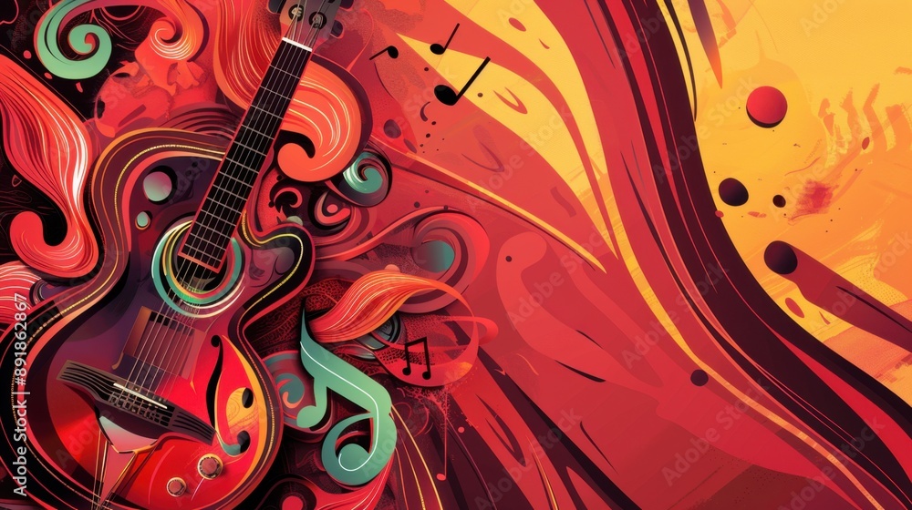 Fototapeta premium World Music Day. Guitar on a red and yellow background. Horizontal banner. Free space for text, copy space. Art, creativity, rhythm, melody