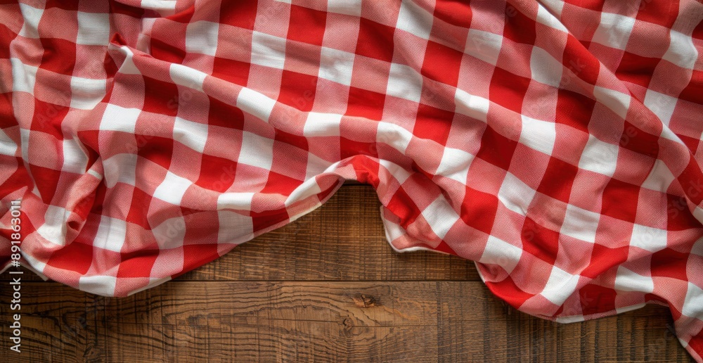 Red and white checkered tablecloth on a wooden background with copy space, in a top view. Red and white checkered tablecloth on a wooden background with copy space, in a top view.