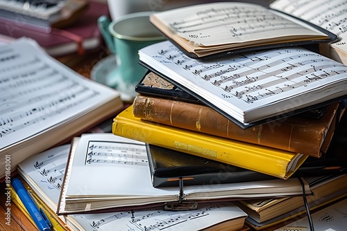 A stack of music theory books and composition notebooks, celebrating the art of musical expression and creativity.