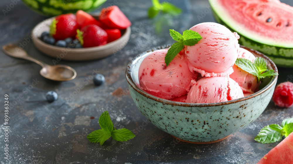 Homemade watermelon ice cream in a ceramic bowl on the table. This tasty dessert is perfect for summer. Homemade watermelon ice cream in a ceramic bowl on the table. This tasty dessert is perfect for summer.