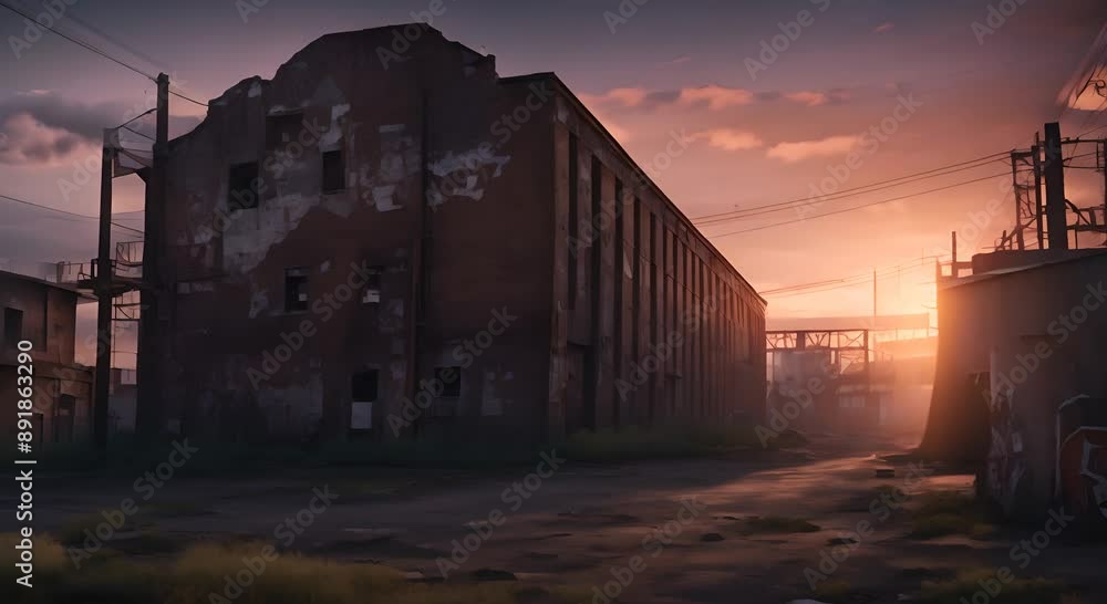 An eerie scene of an abandoned factory at dusk with broken windows and graffiti blank covered walls 4k animation An eerie scene of an abandoned factory at dusk with broken windows and graffiti blank covered walls 4k animation