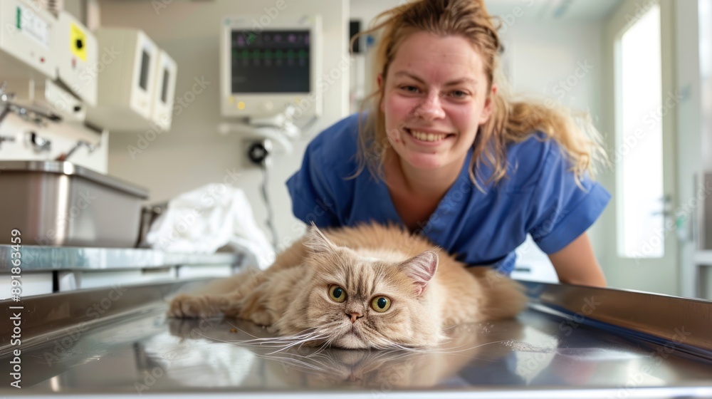 Veterinarian Caring for Persian Cat - A smiling veterinarian in blue scrubs attending to a Persian cat in a clinic, showcasing animal care and veterinary services. Veterinarian Caring for Persian Cat - A smiling veterinarian in blue scrubs attending to a Persian cat in a clinic, showcasing animal care and veterinary services.