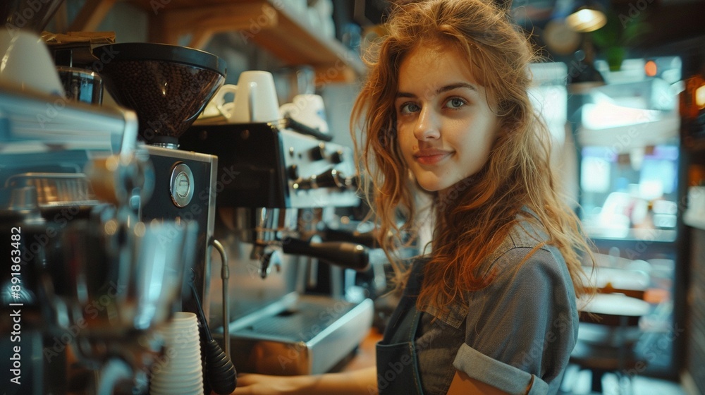 Smiling girl Barista in Action Smiling girl Barista in Action