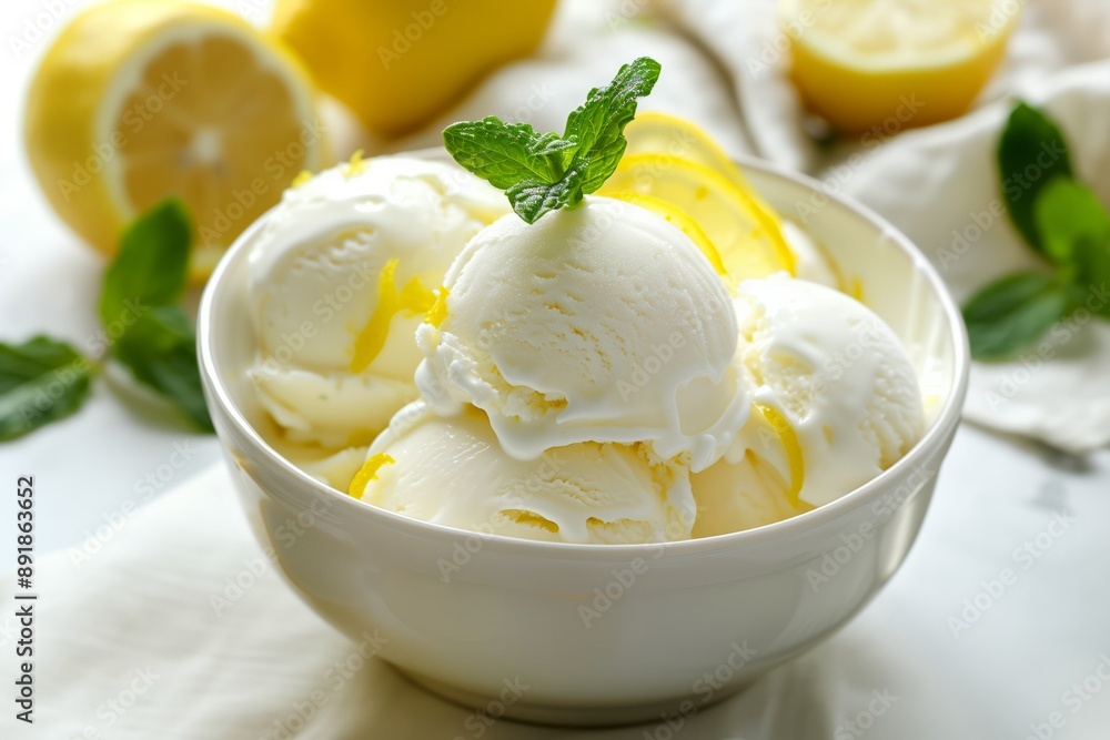 Close-up of delicious lemon ice cream garnished with fresh lemon slices and mint leaves. Perfect for a refreshing summer treat. Close-up of delicious lemon ice cream garnished with fresh lemon slices and mint leaves. Perfect for a refreshing summer treat.
