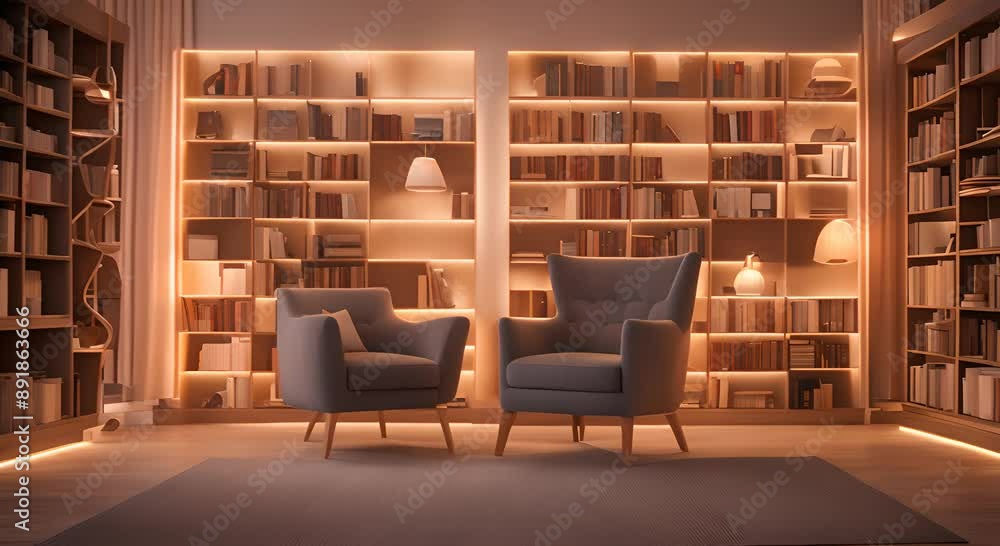 Cozy library with bookshelves a reading chair and warm lighting creating a peaceful reading nook 4k animation Cozy library with bookshelves a reading chair and warm lighting creating a peaceful reading nook 4k animation