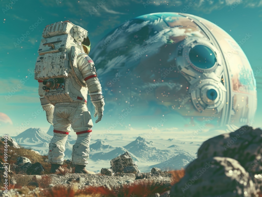 Naklejka premium Man in Astronaut Suit near Planet